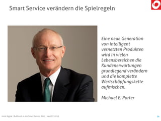 Smart Service verändern die Spielregeln
14mind digital | Aufbruch in die Smart Service Welt | next CC 2015
Eine neue Generation
von intelligent
vernetzten Produkten
wird in vielen
Lebensbereichen die
Kundenerwartungen
grundlegend verändern
und die komplette
Wertschöpfungskette
aufmischen.
Michael E. Porter
 