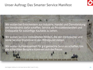 Unser Auftrag: Das Smarter Service Manifest
31mind digital | Aufbruch in die Smart Service Welt | next CC 2015
Wir wollen bei Entscheidern aus Industrie, Handel und Dienstleistung
ein Verständnis dafür schaffen, Service als Produktbestandteil und
Erlösquelle für zukünftige Kaufakte zu sehen.
Wir wollen Service-Innovationen fördern, die den Verbraucher und
seine Service-Erlebnisse in den Mittelpunkt stellen.
Wir wollen Aufmerksamkeit für gut gemachte Services schaffen. Um
die schlechten Beispiele kümmert sich die Presse.
 