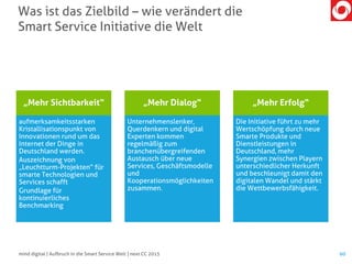 Was ist das Zielbild – wie verändert die
Smart Service Initiative die Welt
„Mehr Sichtbarkeit“
aufmerksamkeitsstarken
Kristallisationspunkt von
Innovationen rund um das
Internet der Dinge in
Deutschland werden.
Auszeichnung von
„Leuchtturm-Projekten“ für
smarte Technologien und
Services schafft
Grundlage für
kontinuierliches
Benchmarking
„Mehr Dialog“
Unternehmenslenker,
Querdenkern und digital
Experten kommen
regelmäßig zum
branchenübergreifenden
Austausch über neue
Services, Geschäftsmodelle
und
Kooperationsmöglichkeiten
zusammen.
„Mehr Erfolg“
Die Initiative führt zu mehr
Wertschöpfung durch neue
Smarte Produkte und
Dienstleistungen in
Deutschland, mehr
Synergien zwischen Playern
unterschiedlicher Herkunft
und beschleunigt damit den
digitalen Wandel und stärkt
die Wettbewerbsfähigkeit.
mind digital | Aufbruch in die Smart Service Welt | next CC 2015 60
 