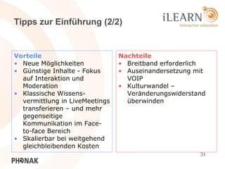 Tipps zur Einführung (2/2)


Vorteile                        Nachteile
• Neue Möglichkeiten            • Breitband erforderlich
• Günstige Inhalte - Fokus      • Auseinandersetzung mit
  auf Interaktion und             VOIP
  Moderation                    • Kulturwandel –
• Klassische Wissens-             Veränderungswiderstand
  vermittlung in LiveMeetings     überwinden
  transferieren – und mehr
  gegenseitige
  Kommunikation im Face-
  to-face Bereich
• Skalierbar bei weitgehend
  gleichbleibenden Kosten
                                                      31
 