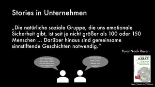 Stories in Unternehmen
„Die natürliche soziale Gruppe, die uns emotionale
Sicherheit gibt, ist seit je nicht größer als 100 oder 150
Menschen ... Darüber hinaus sind gemeinsame
sinnstiftende Geschichten notwendig.“
Yuval Noah Harari
Bei uns ist es
cool, Chefs
lassen uns
machen!
Ach, miese Apps,
die Kunden beißen
sich die Zähne aus.
Alles totgespart!
https://amzn.to/2NBtvux
 