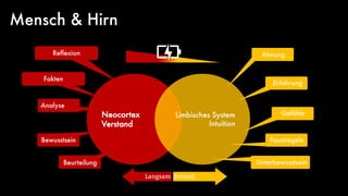 Mensch & Hirn
Neocortex
Verstand
Limbisches System
Intuition
Analyse
Fakten
Reflexion Ahnung
Erfahrung
Gefühle
Faustregeln
Unterbewusstsein
Bewusstsein
Beurteilung
Schnell
Langsam
 