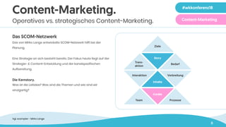 8
Das SCOM-Netzwerk
Das von Mirko Lange entwickelte SCOM-Netzwerk hilft bei der
Planung. 
Eine Strategie an sich besteht bereits. Der Fokus heute liegt auf der
Strategie- & Content-Entwicklung und der kanalspezifischen
Aufbereitung.
Die Kernstory.
Was ist die Leitidee? Was sind die Themen und wie sind wir
einzigartig?
Zeile 1 in 40 pt
Ziele
Story
Trans-
aktion
Bedarf
VerbreitungInteraktion
Inhalte
Kanäle
Team Prozesse
Content-Marketing.
Operatives vs. strategisches Content-Marketing.
#wkkonferenz18
Content-Marketing
Vgl. scompler - Mirko Lange
 