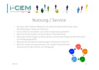  
Nutzung	
  /	
  Service	
  
	
  
09.05.14	
   20	
  
•  Wo	
  bzw.	
  über	
  welchen	
  Weg	
  kann	
  ich	
  dieses	
  Produkt	
  kaufen	
  bzw.	
  diese	
  
Dienstleistung	
  in	
  Anspruch	
  nehmen?	
  	
  
•  Ist	
  es	
  einfach	
  zu	
  Erwerben,	
  wie	
  ist	
  der	
  Kaufprozess	
  gestaltet?	
  	
  
•  Wie	
  kommt	
  der	
  Kunden	
  an	
  das	
  Produkt	
  /	
  Dienstleistung?	
  
•  Wenn	
  der	
  Kunde	
  Fragen	
  zur	
  Nutzung	
  hat,	
  auf	
  welchem	
  Wege	
  werden	
  ihm	
  diese	
  
zur	
  Verfügung	
  gestellt?	
  	
  
•  Wie	
  kann	
  der	
  Kunde	
  Serviceleistungen	
  in	
  Anspruch	
  nehmen?	
  	
  
•  Wird	
  der	
  Kunde	
  ernst	
  genommen	
  und	
  	
  stehen	
  entsprechende	
  	
  
	
  	
  	
  	
  	
  	
  Ressourcen	
  für	
  den	
  Service	
  zur	
  Verfügung?	
  	
   Interesse	
  
Bewertung	
  
Kauf	
  Service	
  
Loyalität	
  
 