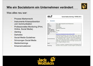 Wie ein Socialstorm ein Unternehmen verändert
Was alles neu war:

   •   Prozess Markenrecht
   •   Instrumente Krisenprävention
       und -kommunikation
   •   Professionelles Monitoring (Print,
       Online, Social Media)
   •   Alerting
   •   Darksites
   •   Social Media Guidelines
   •   Schulungen Social Media
   •   Medientrainings
   •   Krisensimulationen
 