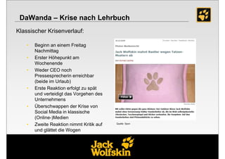 DaWanda – Krise nach Lehrbuch
Klassischer Krisenverlauf:

    •   Beginn an einem Freitag
        Nachmittag
    •   Erster Höhepunkt am
        Wochenende
    •   Weder CEO noch
        Pressesprecherin erreichbar
        (beide im Urlaub)
    •   Erste Reaktion erfolgt zu spät
        und verteidigt das Vorgehen des
        Unternehmens
    •   Überschwappen der Krise von
        Social Media in klassische
        (Online-)Medien
    •   Zweite Reaktion nimmt Kritik auf   Quelle: Spon


        und glättet die Wogen
 