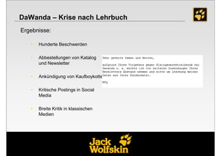 DaWanda – Krise nach Lehrbuch
Ergebnisse:

   •   Hunderte Beschwerden

   •   Abbestellungen von Katalog
       und Newsletter

   •   Ankündigung von Kaufboykotts

   •   Kritische Postings in Social
       Media

   •   Breite Kritik in klassischen
       Medien
 