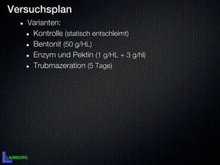 Versuchsplan
   Varianten:
    Kontrolle (statisch entschleimt)
    Bentonit (50 g/HL)
    Enzym und Pektin (1 g/HL + 3 g/hl)
    Trubmazeration (5 Tage)
 