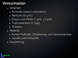 Versuchsplan
   Varianten:
    Kontrolle (statisch entschleimt)
    Bentonit (50 g/HL)
    Enzym und Pektin (1 g/HL + 3 g/hl)
    Trubmazeration (5 Tage)
    Flotation
   Material:
    Sorten Ruländer, Chardonnay und Gewürztraminer
    Jeweils zwei Herkünfte
   Auswertung:
 