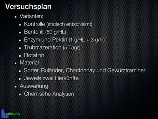 Versuchsplan
   Varianten:
    Kontrolle (statisch entschleimt)
    Bentonit (50 g/HL)
    Enzym und Pektin (1 g/HL + 3 g/hl)
    Trubmazeration (5 Tage)
    Flotation
   Material:
    Sorten Ruländer, Chardonnay und Gewürztraminer
    Jeweils zwei Herkünfte
   Auswertung:
    Chemische Analysen
 
