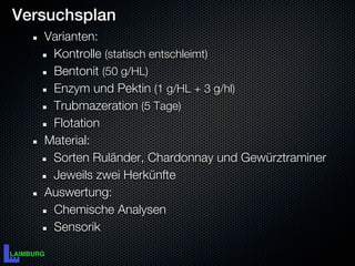 Versuchsplan
   Varianten:
    Kontrolle (statisch entschleimt)
    Bentonit (50 g/HL)
    Enzym und Pektin (1 g/HL + 3 g/hl)
    Trubmazeration (5 Tage)
    Flotation
   Material:
    Sorten Ruländer, Chardonnay und Gewürztraminer
    Jeweils zwei Herkünfte
   Auswertung:
    Chemische Analysen
    Sensorik
 