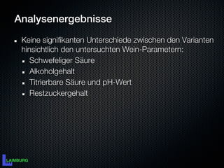 Analysenergebnisse
 Keine signifikanten Unterschiede zwischen den Varianten
 hinsichtlich den untersuchten Wein-Parametern:
    Schwefeliger Säure
    Alkoholgehalt
    Titrierbare Säure und pH-Wert
    Restzuckergehalt
 