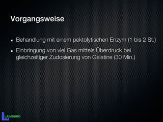 Vorgangsweise

 Behandlung mit einem pektolytischen Enzym (1 bis 2 St.)
 Einbringung von viel Gas mittels Überdruck bei
 gleichzeitiger Zudosierung von Gelatine (30 Min.)
 