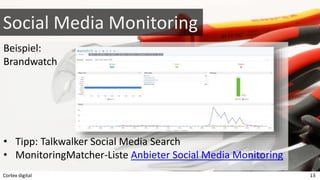 Social Media Monitoring
Beispiel:
Brandwatch
• Tipp: Talkwalker Social Media Search
• MonitoringMatcher-Liste Anbieter Soc...