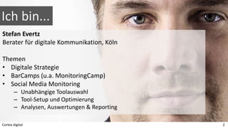 Ich bin...
Stefan Evertz
Berater für digitale Kommunikation, Köln
Themen
• Digitale Strategie
• BarCamps (u.a. MonitoringC...