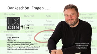 Dankeschön!	
  Fragen	
  ....	
  
Arno Karrasch
@ano_nym
arno.karrasch@visualconcept.de
http://lanyrd.com/profile/ano_nym/
https://www.xing.com/profile/Arno_Karrasch
http://www.linkedin.com/in/visualconcept
#16
Immer	
  interessiert	
  
an	
  interessanten	
  
Möglichkeiten!
 