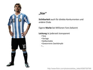 „Star“
Sichtbarkeit auch für direkte Konkurrenten und
andere Clubs

Eigene Marke bei Millionen Fans bekannt

Leistung ist jederzeit transparent
  • Tore
  • Vorlage
  • Ballkontakte
  • Gewonnene Zweikämpfe
  •…




         http://www.flickr.com/photos/adidas_italia/4598759798/
 