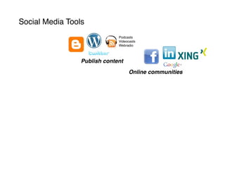 Social Media Tools
                              Podcasts
                              Videocasts
                              Webradio



                 Publish content
                                   Online communities
 