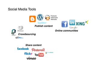 Social Media Tools
                               Podcasts
                               Videocasts
                               Webradio



                  Publish content
                                    Online communities
      Crowdsourcing



           Share content
 
