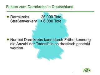 .
Fakten zum Darmkrebs in Deutschland
! Darmkrebs 25.000 Tote  
Straßenverkehr < 6.000 Tote
! Nur bei Darmkrebs kann durch Früherkennung  
die Anzahl der Todesfälle so drastisch gesenkt  
werden
 