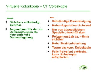 .
Virtuelle Koloskopie – CT Coloskopie
+++
! Dickdarm vollständig
sichtbar
! Angenehmer für den zu
Untersuchenden als
konventionelle
Darmspiegelung
---
! Vollständige Darmreinigung
! Hoher Apparativer Aufwand
! Nur von ausgebildetem
Spezialist durchführbar
! Polypen erst ab ca. > 6mm
sichtbar
! Hohe Strahlenbelastung
! Teurer als konv. Koloskopie
! Falls Polyp(en) entdeckt,
konv. Koloskopie
erforderlich
 