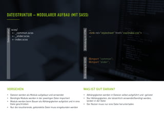 •  Dateien werden als Module aufgebaut und verwendet
•  Benötigte Module werden in der jeweiligen Datei importiert
•  Module werden beim Bauen als Abhängigkeiten aufgelöst und in eine
Datei geschrieben
•  Nur die resultierende, gebündelte Datei muss eingebunden werden
VORGEHEN
•  Abhängigkeiten werden in Dateien selbst aufgeführt und –gelistet
•  Nur Abhängigkeiten, die tatsächlich verwendet/benötigt werden,
landen in der Datei
•  Der Nutzer muss nur eine Datei herunterladen
DATEISTRUKTUR – MODULARER AUFBAU (MIT SASS)
WAS IST GUT DARAN?
Dateistruktur
EinbindungimHTMLEinbindungimSCSS
@import "common";
@import "slider";
...
<link rel="stylesheet" href="css/index.css">
...
scss/
+- _common.scss
+- _slider.scss
+- index.scss
 