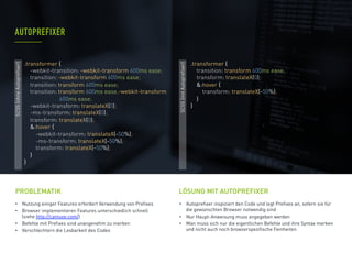 •  Nutzung einiger Features erfordert Verwendung von Prefixes
•  Browser implementieren Features unterschiedlich schnell
(siehe http://caniuse.com/)
•  Befehle mit Prefixes sind unangenehm zu merken
•  Verschlechtern die Lesbarkeit des Codes
PROBLEMATIK
•  Autoprefixer inspiziert den Code und legt Prefixes an, sofern sie für
die gewünschten Browser notwendig sind
•  Nur Haupt-Anweisung muss angegeben werden
•  Man muss sich nur die eigentlichen Befehle und ihre Syntax merken
und nicht auch noch browserspezifische Feinheiten
AUTOPREFIXER
LÖSUNG MIT AUTOPREFIXER
SCSS(ohneAutoprefixer)
SCSS(mitAutoprefixer)
.transformer {
transition: transform 600ms ease;
transform: translateX(0);
&:hover {
transform: translateX(-50%);
}
}
.transformer {
-webkit-transition: -webkit-transform 600ms ease;
transition: -webkit-transform 600ms ease;
transition: transform 600ms ease;
transition: transform 600ms ease,-webkit-transform
600ms ease;
-webkit-transform: translateX(0);
-ms-transform: translateX(0);
transform: translateX(0);
&:hover {
-webkit-transform: translateX(-50%);
-ms-transform: translateX(-50%);
transform: translateX(-50%);
}
}
 
