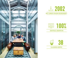 I0II0I0
0I000II
II0I0I00
MIT EINER VISION GEGRÜNDET
2002
100%DIGITALE AGENTUR
CLEVERE KÖPFE
38
 