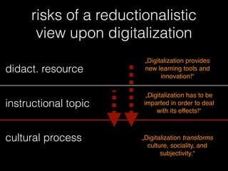 „Digitalization provides
new learning tools and
innovation!“
„Digitalization has to be
imparted in order to deal
with its effects!“
„Digitalization transforms
culture, sociality, and
subjectivity.“
didact. resource
instructional topic
cultural process
risks of a reductionalistic
view upon digitalization
 