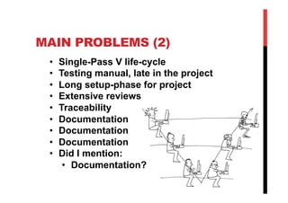 MAIN PROBLEMS (2)
 •    Single-Pass V life-cycle
 •    Testing manual, late in the project
 •    Long setup-phase for project
 •    Extensive reviews
 •    Traceability
 •    Documentation
 •    Documentation
 •    Documentation
 •    Did I mention:
       •  Documentation?
 