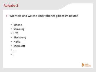 Aufgabe 2


   Wie viele und welche Smartphones gibt es im Raum?

       Iphone
       Samsung
       HTC
       Blackberry
       Nokia
       Microsoft
       ..
       .
 