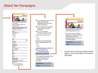 Ablauf der Kampagne




                      Die generierten Interessentendaten wurden
                      täglich an das Honda CRM per Schnittstelle
                      übertragen.
 