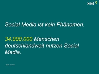 Social Media ist kein Phänomen. 
34.000.000 Menschen 
deutschlandweit nutzen Social 
Media. 
Quelle: eMarketer 
 