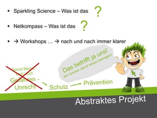 Sparkling Science – Was ist das
 Netkompass – Was ist das
  Workshops …  nach und nach immer klarer
?
?
 