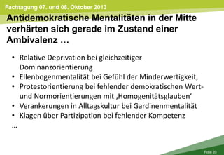 Fachtagung 07. und 08. Oktober 2013
Folie 20
Antidemokratische Mentalitäten in der Mitte
verhärten sich gerade im Zustand einer
Ambivalenz …
• Relative Deprivation bei gleichzeitiger
Dominanzorientierung
• Ellenbogenmentalität bei Gefühl der Minderwertigkeit,
• Protestorientierung bei fehlender demokratischen Wert-
und Normorientierungen mit ‚Homogenitätsglauben‘
• Verankerungen in Alltagskultur bei Gardinenmentalität
• Klagen über Partizipation bei fehlender Kompetenz
…
 