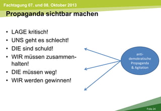 Fachtagung 07. und 08. Oktober 2013
Folie 24
Propaganda sichtbar machen
• LAGE kritisch!
• UNS geht es schlecht!
• DIE sind schuld!
• WIR müssen zusammen-
halten!
• DIE müssen weg!
• WIR werden gewinnen!
anti-
demokratische
Propaganda
& Agitation
 