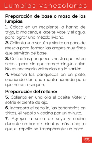 Lumpias ven ezolanas
Preparación de base o masa de las
lumpias:
1. Coloca en un recipiente la harina de
trigo, la maicena, el aceite Vatel y el agua,
para lograr una mezcla liviana.
2. Calienta una sartén y vierte un poco de
mezcla para formar las crepes muy finas
que servirán de base.
3. Cocina las panquecas hasta que estén
secas, pero sin que tomen ningún color.
No es necesario voltearlas en la sartén.
4. Reserva las panquecas en un plato,
cubriendo con una manta húmeda para
que no se resequen.
Preparación del relleno:
5. Calienta en una olla el aceite Vatel y
sofríe el diente de ajo.
6. Incorpora el cebollín, las zanahorias en
tiritas, el repollo y cocina por un minuto.
7. Agrega la salsa de soya y cocina
durante un par de minutos más o hasta
que el repollo se transparente un poco .
55
 