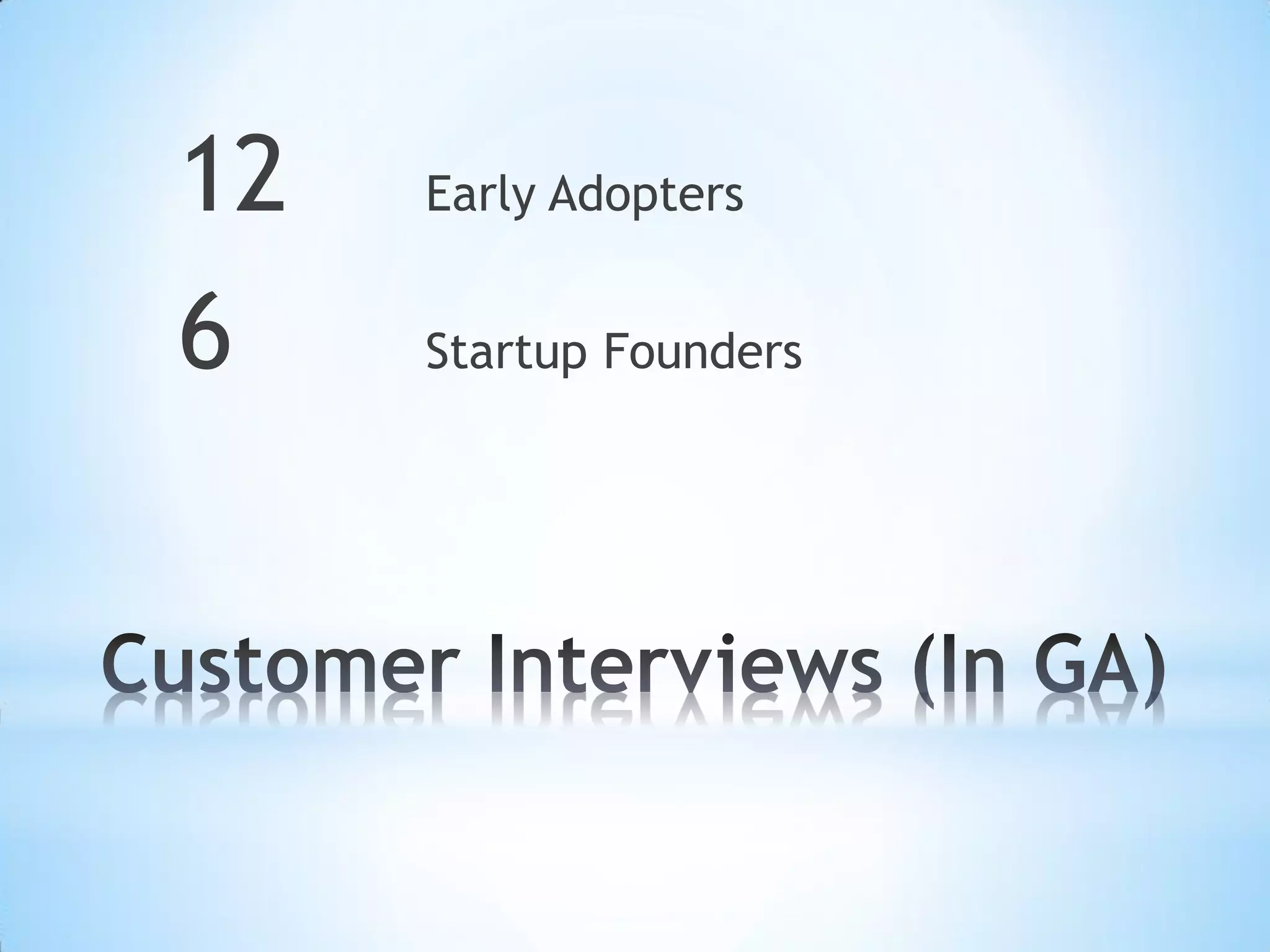 12   Early Adopters


6    Startup Founders
 
