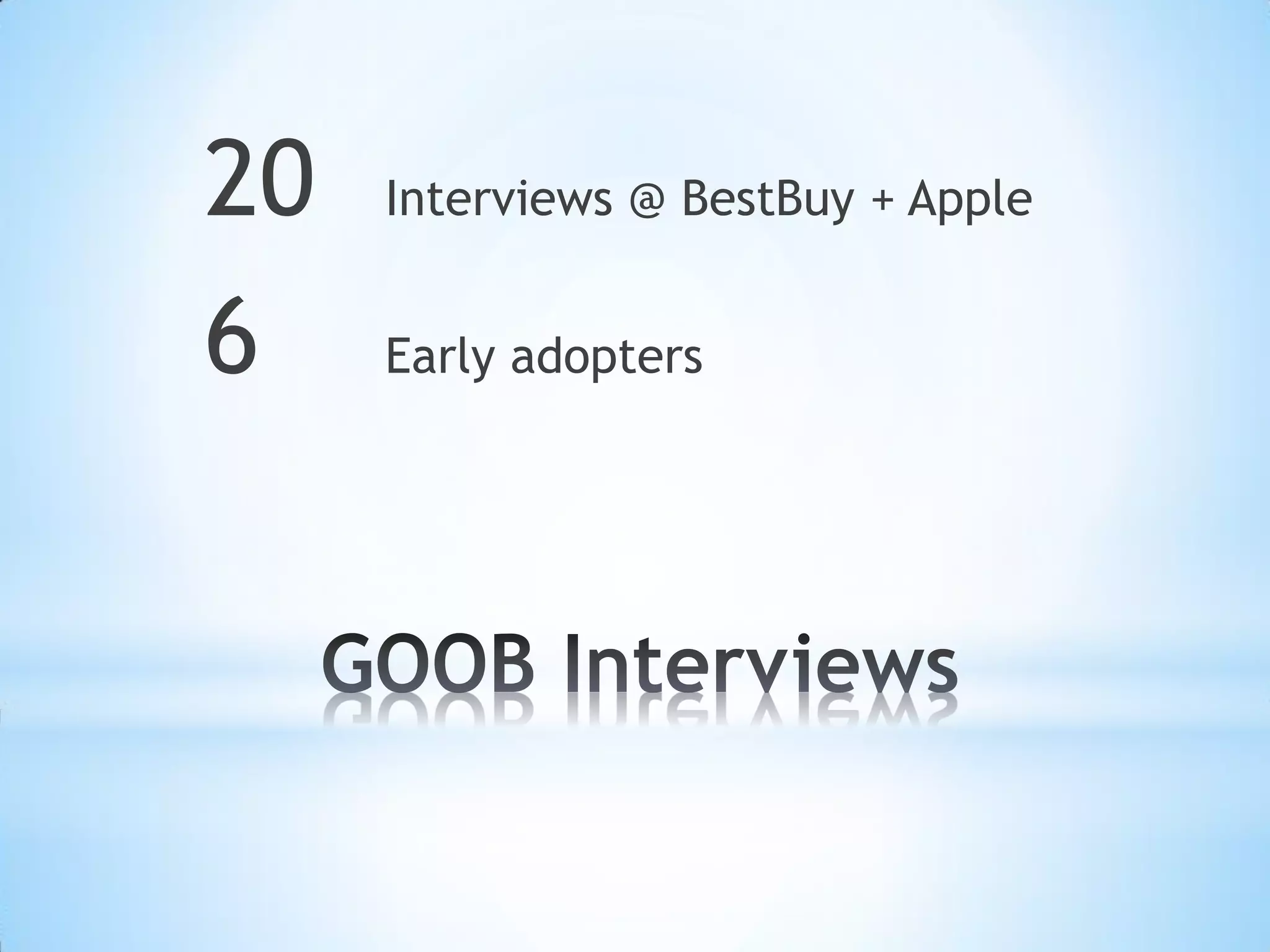 20   Interviews @ BestBuy + Apple


6    Early adopters
 