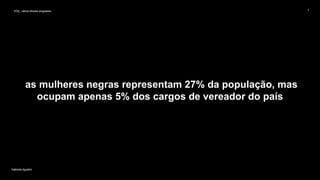 VOS_ vários olhares singulares
Gabriela Agustini
VOS_ vários olhares singulares 7
Gabriela Agustini
as mulheres negras representam 27% da população, mas
ocupam apenas 5% dos cargos de vereador do país
 