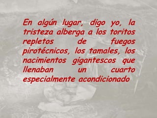 En algún lugar, digo yo, la tristeza alberga a los toritos repletos de fuegos pirotécnicos, los tamales, los nacimientos gigantescos que llenaban un cuarto especialmente acondicionado