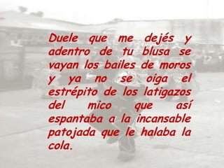 Duele que me dejés y adentro de tu blusa se vayan los bailes de moros y ya no se oiga el estrépito de los latigazos del mico que así espantaba a la incansable patojada que le halaba la cola.