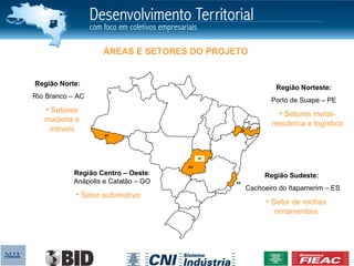 ÁREAS E SETORES DO PROJETO


Região Norte:
                                                                  Região Norteste:
Rio Branco – AC
                                                                Porto de Suape – PE
   • Setores                                                     • Setores metal-
   madeira e                                                    mecânica e logística
    móveis                                          PE
                    AC




                                          DF


                                     GO

           Região Centro – Oeste:                             Região Sudeste:
           Anápolis e Catalão – GO             ES

                                                         Cachoeiro do Itapamerim – ES
            • Setor automotivo
                                                               • Setor de rochas
                                                                  ornamentais
 
