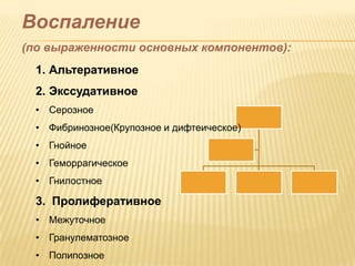 Воспаление
(по выраженности основных компонентов):
  1. Альтеративное
  2. Экссудативное
  • Серозное
  • Фибринозное(Крупозное и дифтеическое)
  • Гнойное
  • Геморрагическое
  • Гнилостное

  3. Пролиферативное
  • Межуточное
  • Гранулематозное
  • Полипозное
 