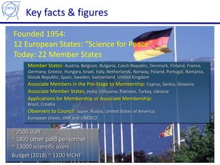 Key facts & figures
2 2
Founded 1954:
12 European States: “Science for Peace”
Today: 22 Member States
~ 2500 staff
~ 1800 ...