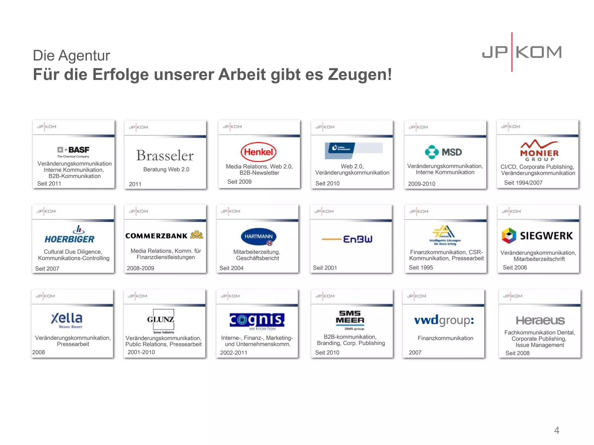 Die Agentur
Für die Erfolge unserer Arbeit gibt es Zeugen!




 Veränderungskommunikation
                                   Brasseler                      Media Relations, Web 2.0,              Web 2.0,             Veränderungskommunikation,
                                       Beratung Web 2.0                                                                                                     CI/CD, Corporate Publishing,
   Interne Kommunikation,                                             B2B-Newsletter            Veränderungskommunikation        Interne Kommunikation      Veränderungskommunikation
      B2B-Kommunikation
 Seit 2011                      2011                              Seit 2009                     Seit 2010                     2009-2010                      Seit 1994/2007




    Cultural Due Diligence,      Media Relations, Komm. für          Mitarbeiterzeitung,                                      Finanzkommunikation, CSR-     Veränderungskommunikation,
  Kommunikations-Controlling      Finanzdienstleistungen              Geschäftsbericht                                        Kommunikation, Pressearbeit         Mitarbeiterzeitschrift
Seit 2007                      2008-2009                        Seit 2004                       Seit 2001                     Seit 1995                      Seit 2006




                                                                                                                                                             Fachkommunikation Dental,
 Veränderungskommunikation,    Veränderungskommunikation,       Interne-, Finanz-, Marketing-      B2B-kommunikation,            Finanzkommunikation           Corporate Publishing,
        Pressearbeit           Public Relations, Pressearbeit     und Unternehmenskomm.          Branding, Corp. Publishing                                      Issue Management
2008                            2001-2010                       2002-2011                       Seit 2010                     2007                           Seit 2008




                                                                                                                                                                                4
 