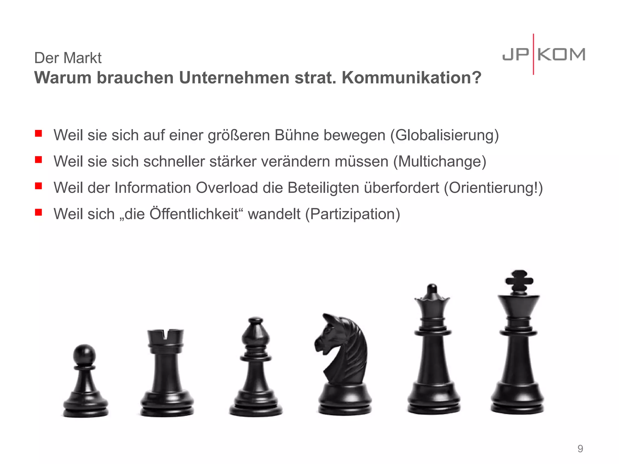 Der Markt
Warum brauchen Unternehmen strat. Kommunikation?


   Weil sie sich auf einer größeren Bühne bewegen (Globalisierung)
   Weil sie sich schneller stärker verändern müssen (Multichange)
   Weil der Information Overload die Beteiligten überfordert (Orientierung!)
   Weil sich „die Öffentlichkeit“ wandelt (Partizipation)




                                                                                9
 