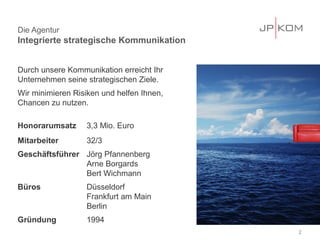 Die Agentur
Integrierte strategische Kommunikation


Durch unsere Kommunikation erreicht Ihr
Unternehmen seine strategischen Ziele.
Wir minimieren Risiken und helfen Ihnen,
Chancen zu nutzen.

Honorarumsatz     3,3 Mio. Euro
Mitarbeiter       32/3
Geschäftsführer Jörg Pfannenberg
                Arne Borgards
                Bert Wichmann
Büros             Düsseldorf
                  Frankfurt am Main
                  Berlin
Gründung          1994
                                           2
 
