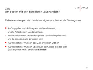 Ziele
Am besten mit den Beteiligten „aushandeln“


Zielvereinbarungen sind deutlich erfolgversprechender als Zielvorgaben


   Auftraggeber und Auftragnehmer handeln aus, …
−   welche Aufgaben ein Mandat umfasst,
−   welche Verantwortlichkeiten/Befugnisse damit einhergehen und
−   wie die Zielerreichung gemessen wird
   Auftragnehmer müssen das Ziel erreichen wollen
   Auftragnehmer müssen überzeugt sein, dass sie das Ziel
    (aus eigener Kraft) erreichen können




                                                                         21
 