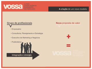 A criação de um novo modelo




Grupo de profissionais                        Nova proposta de valor

   • Empresário
                                              Soluções de Consultoria
   • Consultoria, Planejamento e Estratégia

   • Executivo de Marketing e Negócios

   • Publicitários
                                               Soluções de Agência




    Integração e sinergia
 